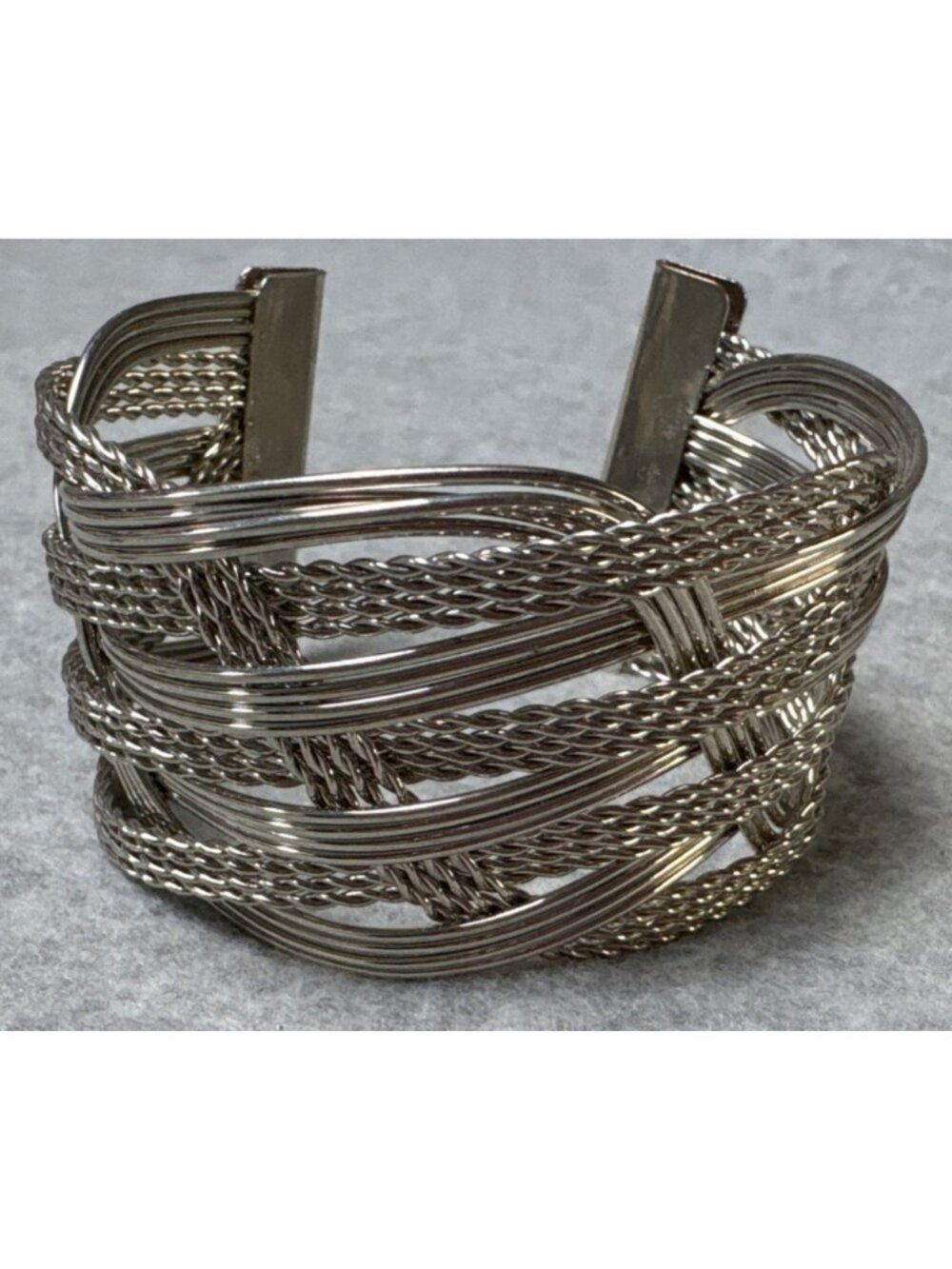 Silver-Toned Woven Cuff Bracelet with Open-End Design